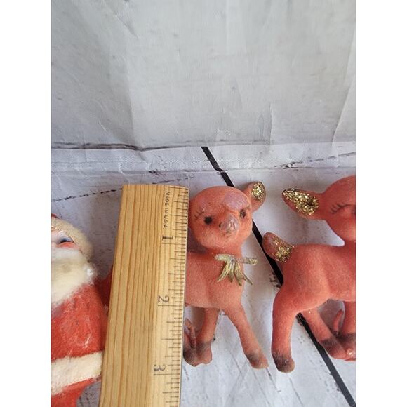 Vintage Flocked Santa Claus 2deer Figuresgold Glitter Made Hong Kong READ - Picture 6 of 11